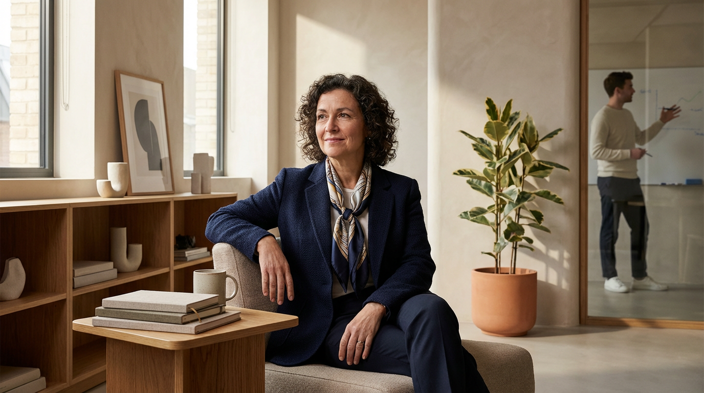 A woman with curly hair wearing a navy blazer and scarf sitting on a sofa in an office setting, with a man in the background pointing at a whiteboard through a glass wall.