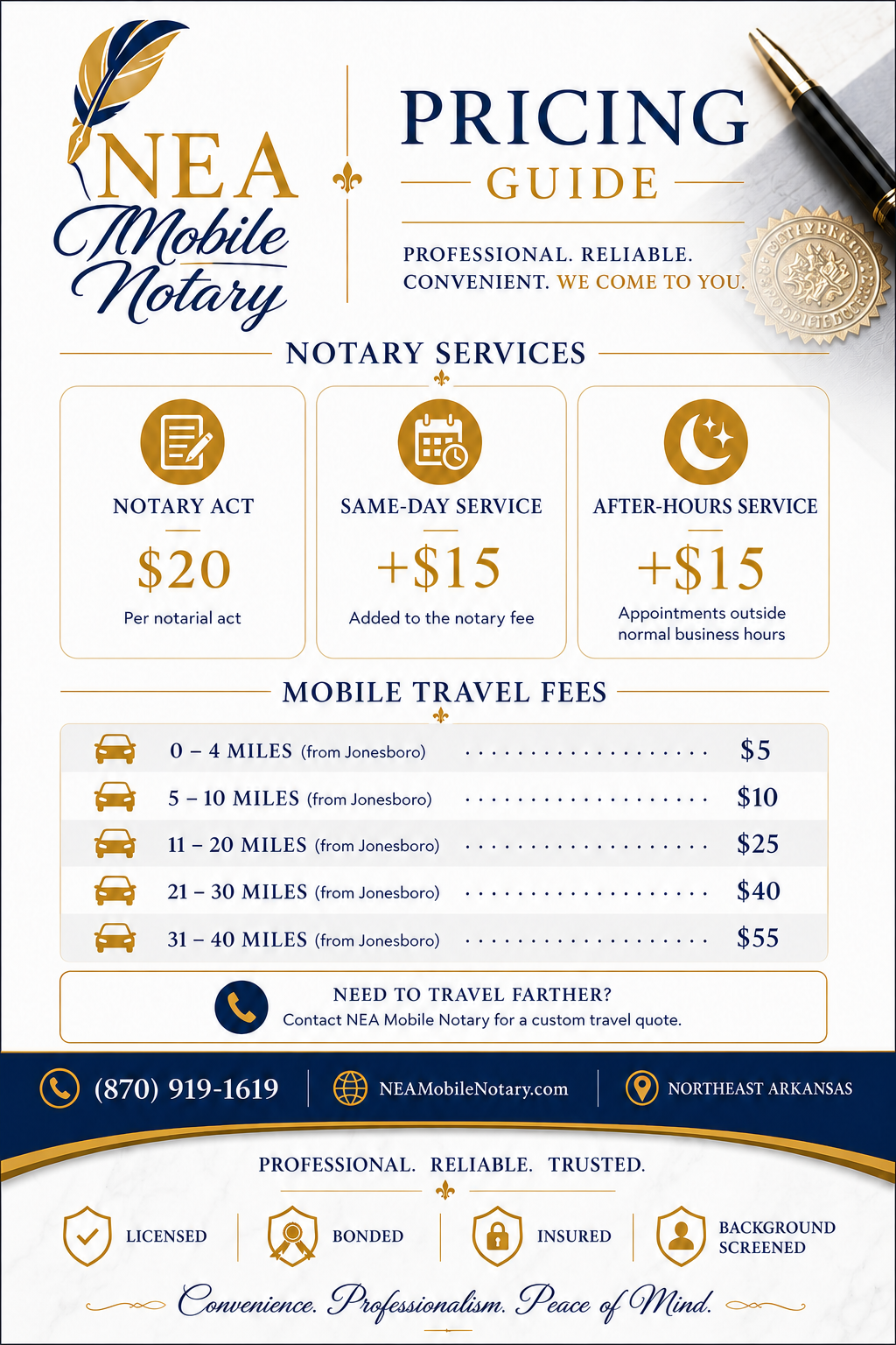 NEA Mobile Notary pricing guide displaying notarization services, fees, mobile travel charges, and contact information, with image of a pen and notary seal.