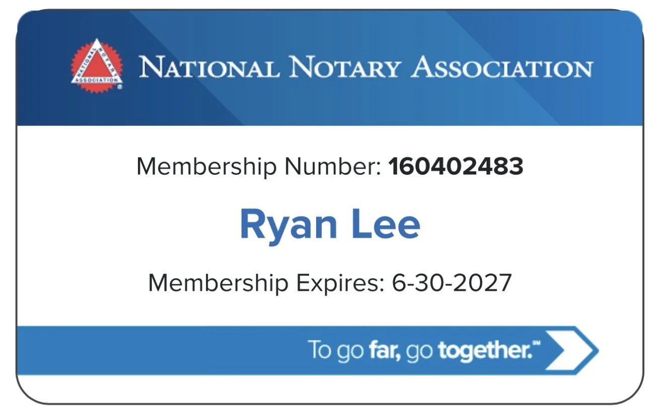 Membership card for the National Notary Association, displaying membership number, member named Ryan Lee, with expiration date of June 30, 2027, and the organization's logo at the top left.