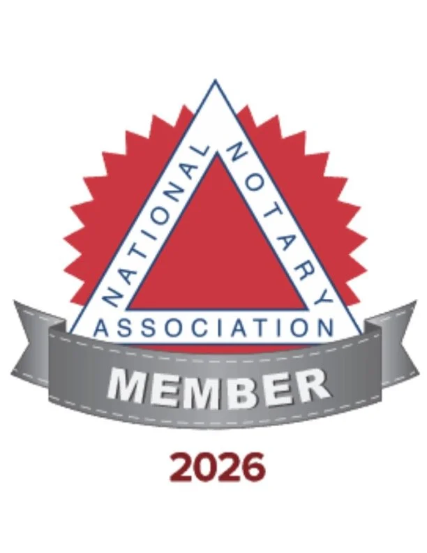 National Notary Association member badge for 2026 with a red, white, and blue logo featuring a triangle and a banner.
