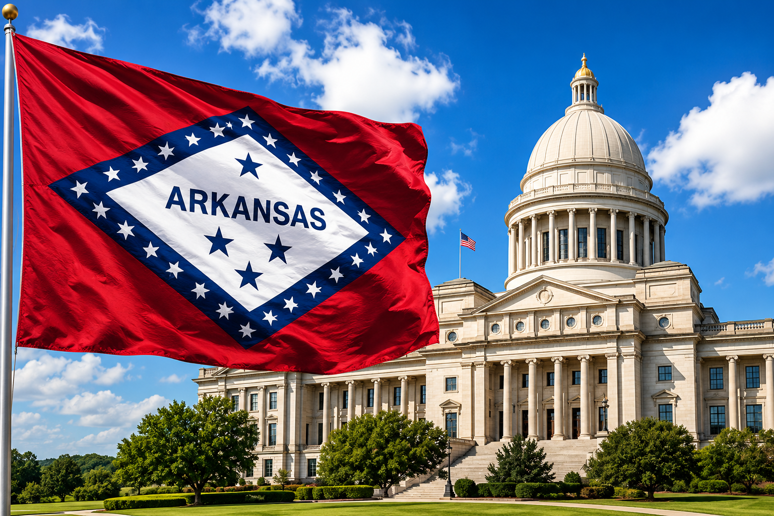 Flag of Arkansas in front of the Arkansas State Capitol building with a blue sky and white clouds.