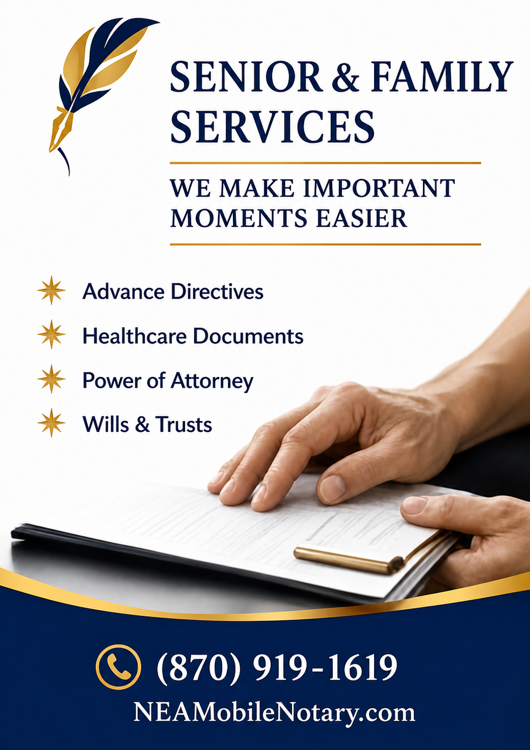Advertisement for Senior & Family Services featuring a hand holding a document and a feather quill logo, offering services like advance directives, healthcare documents, power of attorney, and wills & trusts, with contact information including a phone number and website.