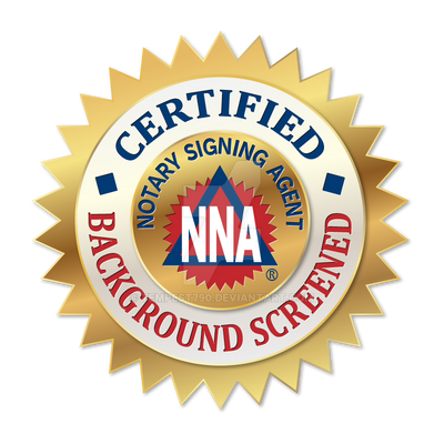 Certified Notary Signing Agent badge with gold starburst design, blue and red text, and NNA logo in the center.