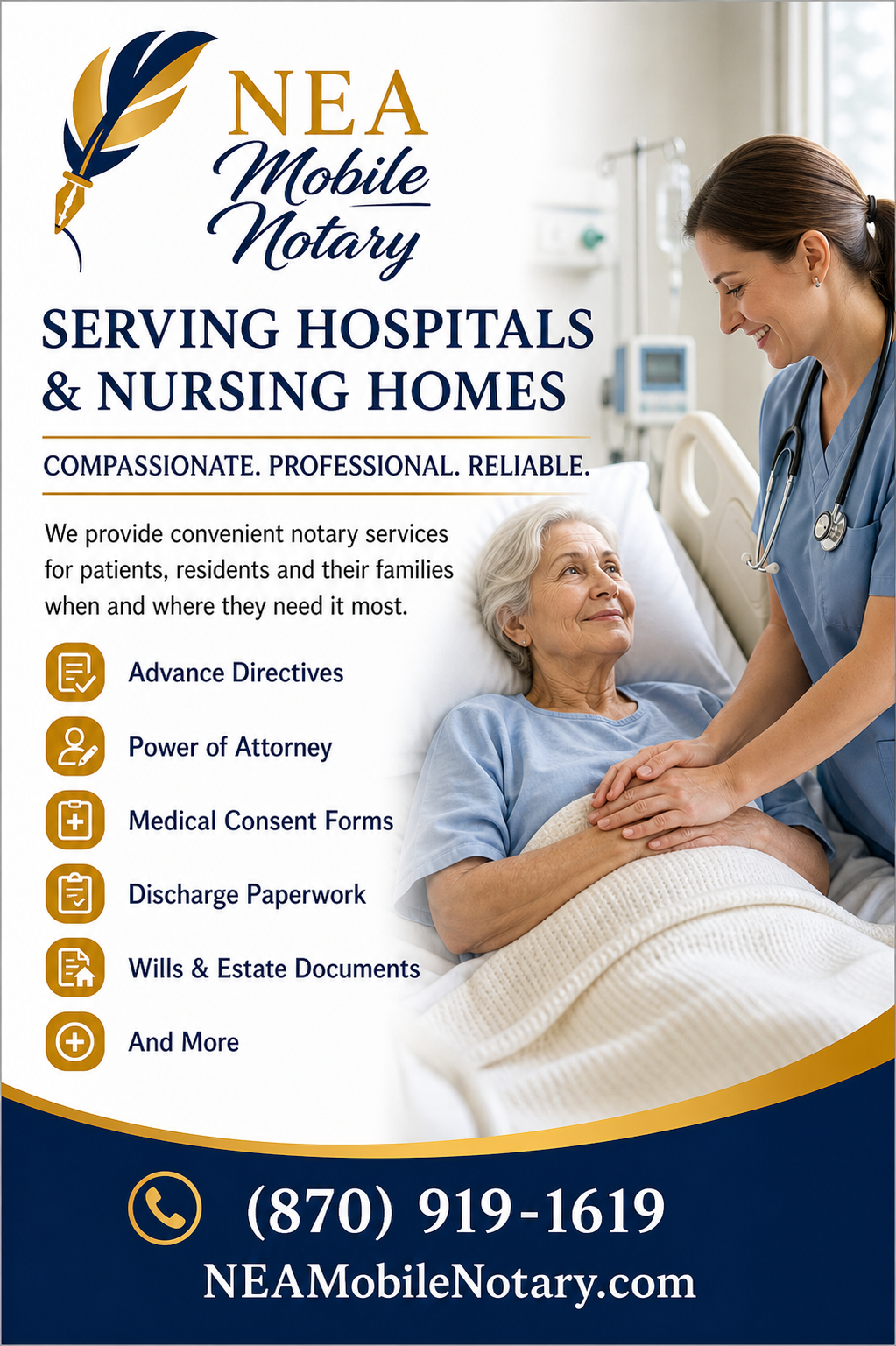 A promotional flyer for NEA Mobile Notary serving hospitals and nursing homes, featuring a nurse and an elderly patient in a hospital bed, with contact details and a list of notary services offered.