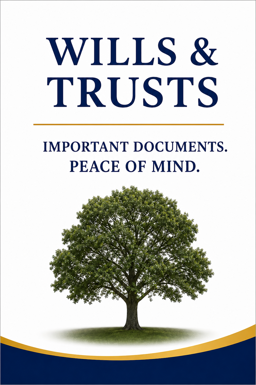 Flyer for Wills & Trusts service with a green tree and blue and gold accents.