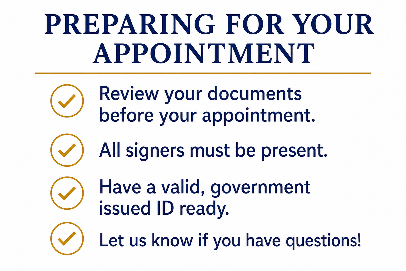 Guide for preparing for an appointment, including reviewing documents, having signers present, having ID ready, and asking questions.