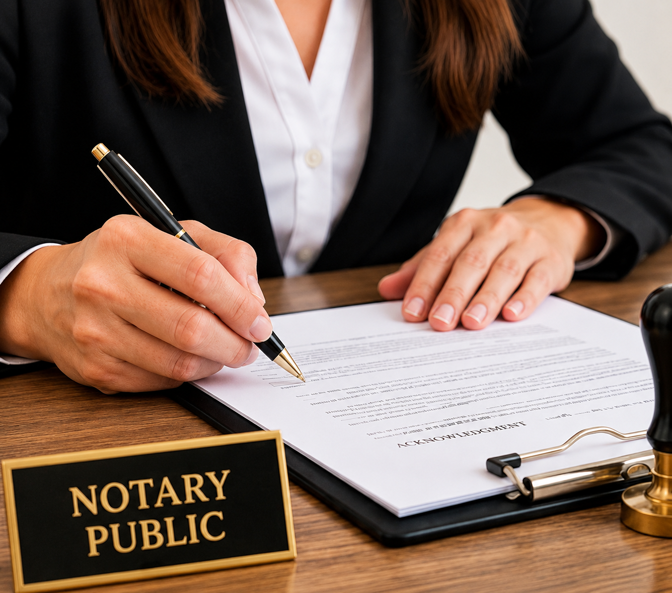 A person in a black suit signing a document labeled "Acknowledgment" at a desk with a "Notary Public" sign.
