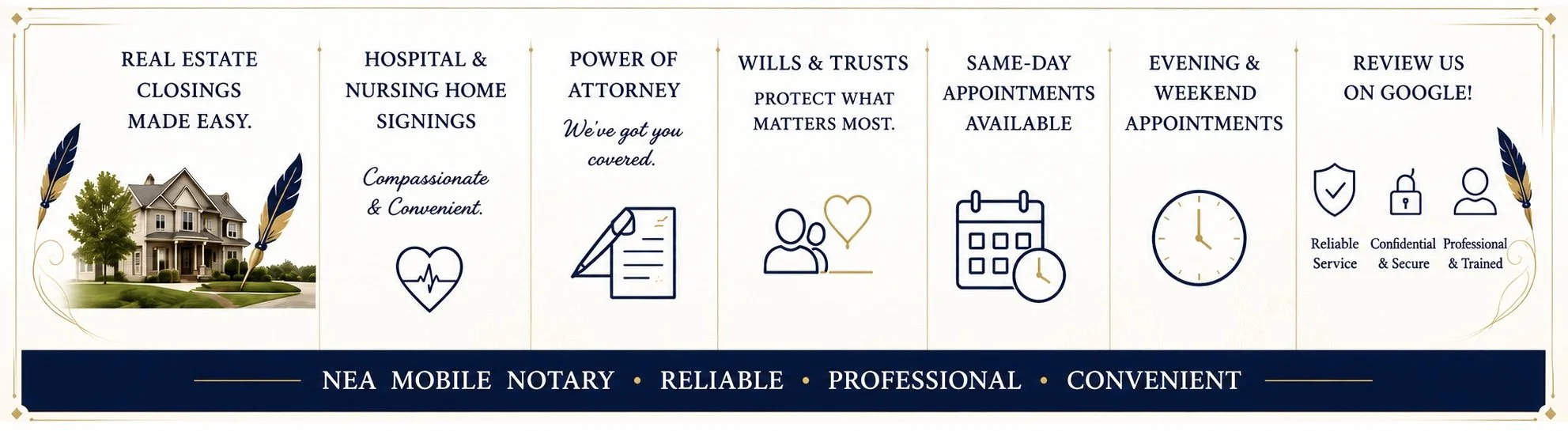 A promotional banner for NEA Mobile Notary services, featuring icons and text promoting real estate closings, hospital and nursing home signatures, powers of attorney, wills and trusts, same-day appointments, evening and weekend appointments, and reviews on Google. The banner includes a house image, decorative feathers, and service attributes like reliable, professional, confidential, and secure.
