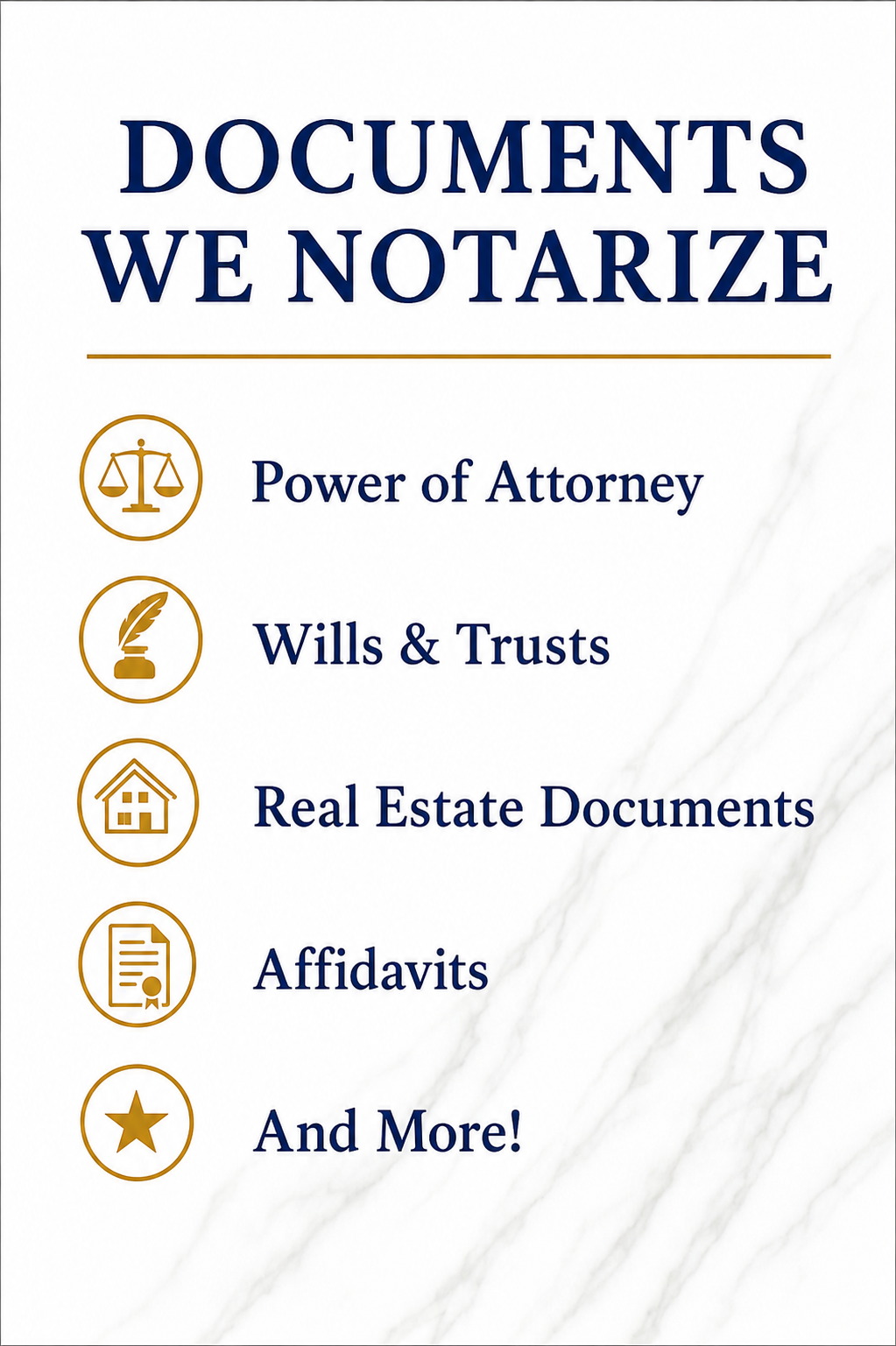 A promotional flyer listing different documents that the service notarizes, including Power of Attorney, Wills & Trusts, Real Estate Documents, Affidavits, and more, with icons representing each type.