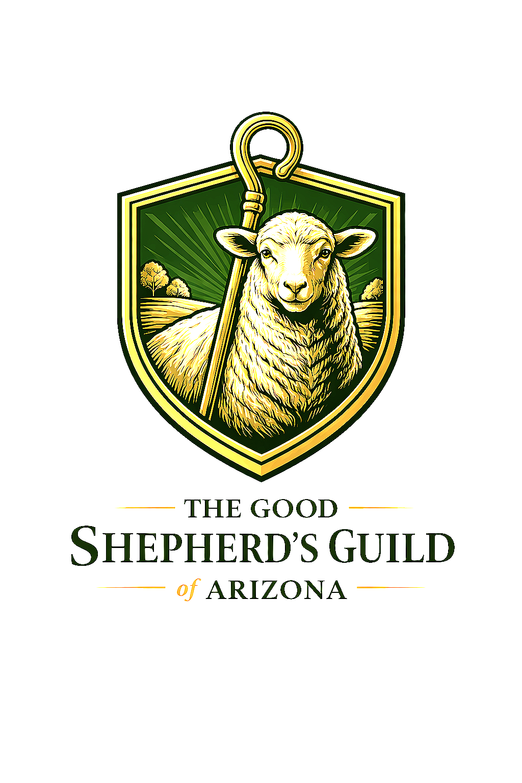Logo of The Good Shepherd's Guild of Arizona featuring a sheep with a shepherd's hook on a shield with a scenic background
