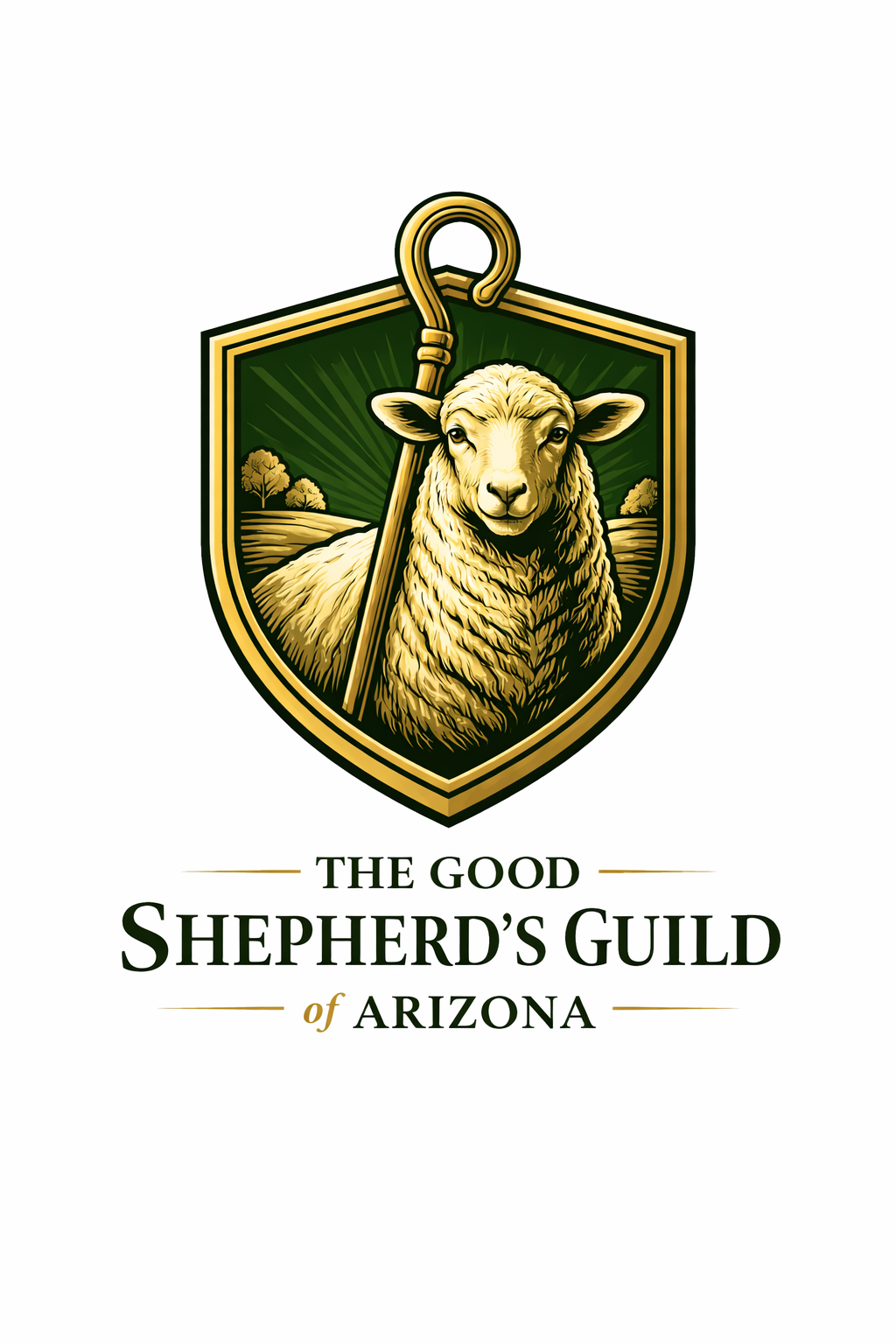 A logo featuring a sheep with curly wool inside a shield, holding a shepherd's crook, with a scenic background of hills and trees. Below the logo, the text reads: 'The Good Shepherd's Guild of Arizona'.