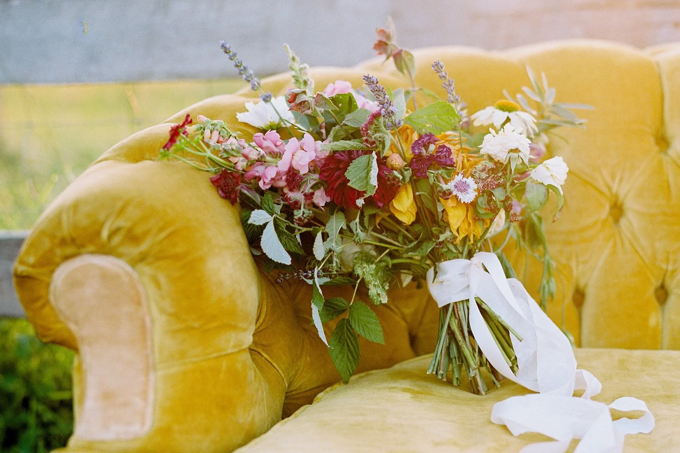 A bouquet of colorful farm-grown flowers for a wedding at Rocklands Farm Winery
