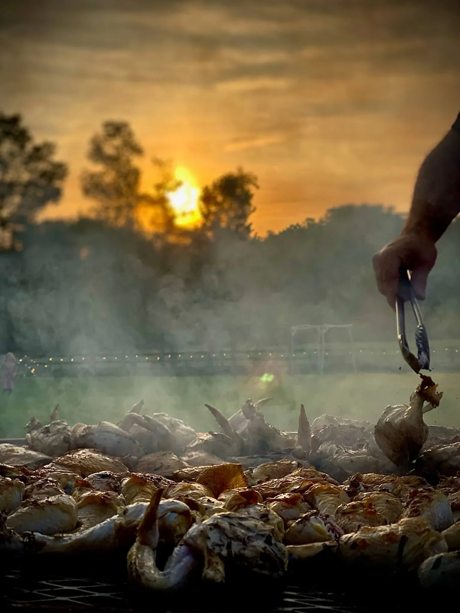 A grill with cooked chicken over smoldering charcoal, smokey haze rising, with a sunset and trees in the background.