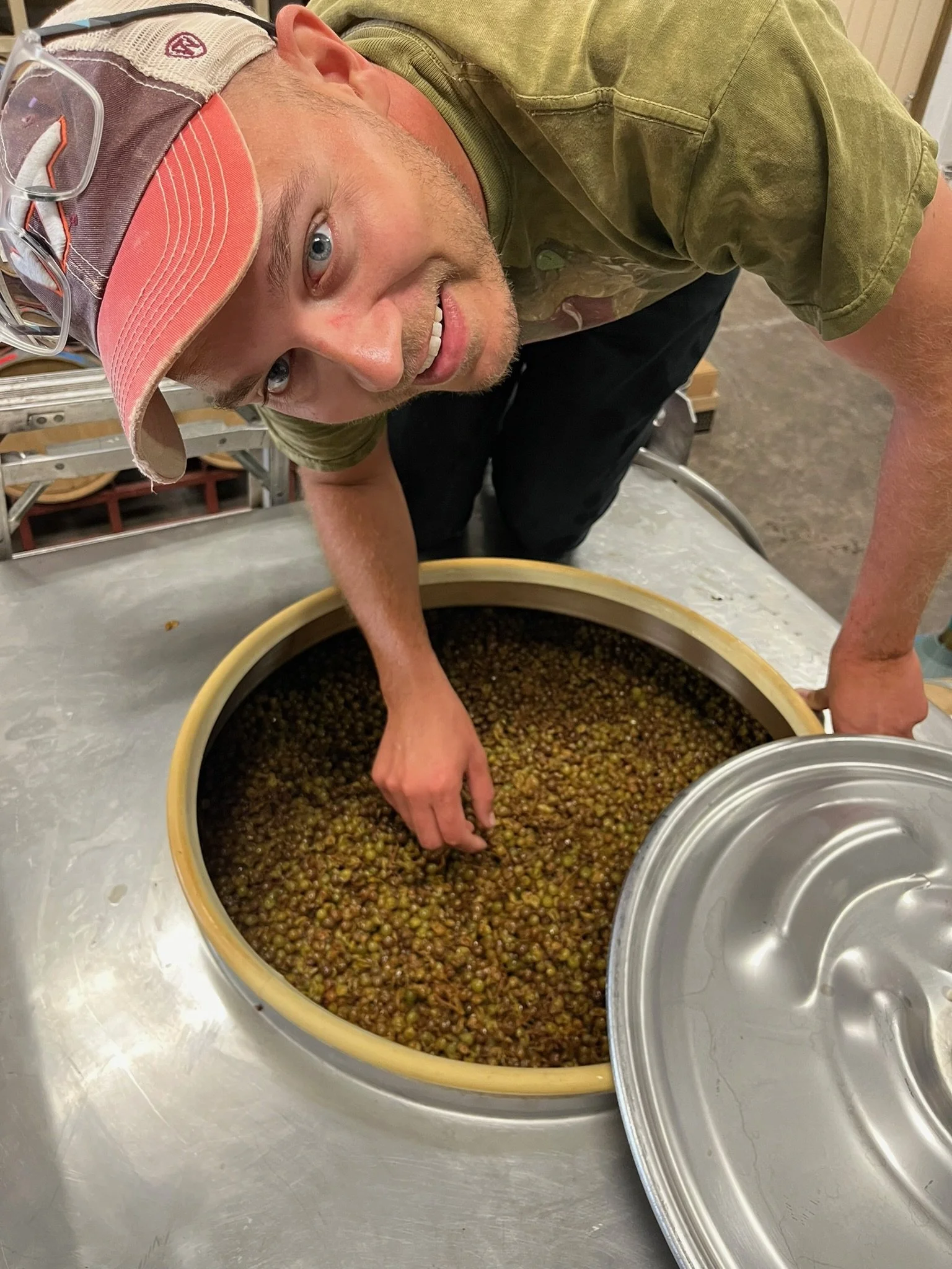 A man leaning over a large container of wine grapes, inspecting or stirring them, at Rocklands Farm Winery