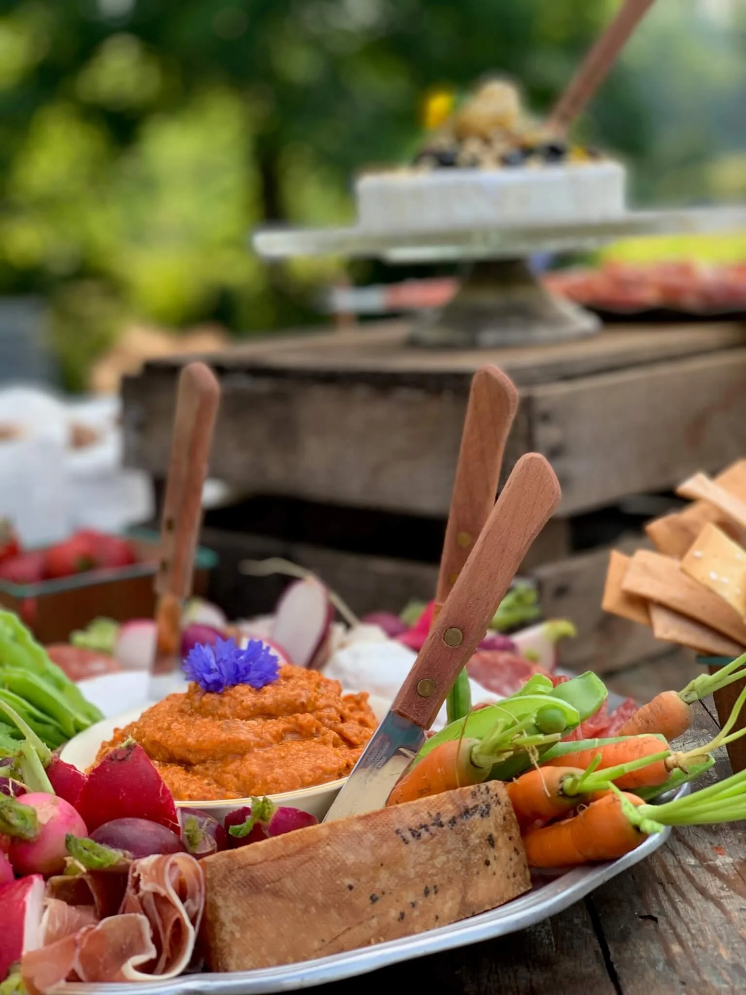 Private event platter of fresh vegetables, spreads, and bread at Rocklands Farm Winery