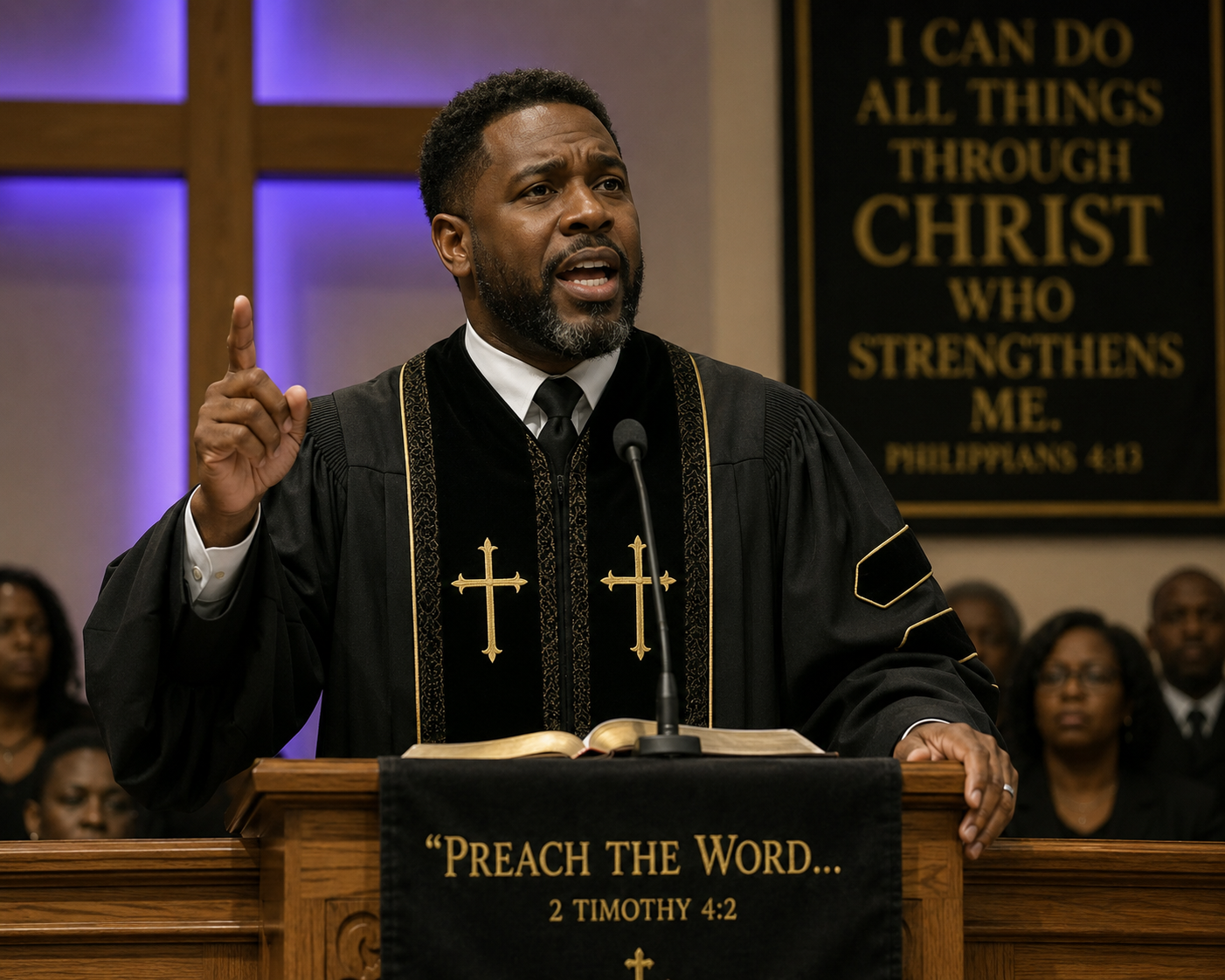 A man in a black religious robe with gold crosses is speaking from a podium with a Bible open in front of him. Behind him are people seated, and there is a black banner with gold text that says: "I CAN DO ALL THINGS THROUGH CHRIST WHO STRENGTHENS ME. PHILIPPIANS 4:13." A lower black cloth on the podium reads: "PREACH THE WORD... 2 TIMOTHY 4:2." The setting appears to be a church or religious service.