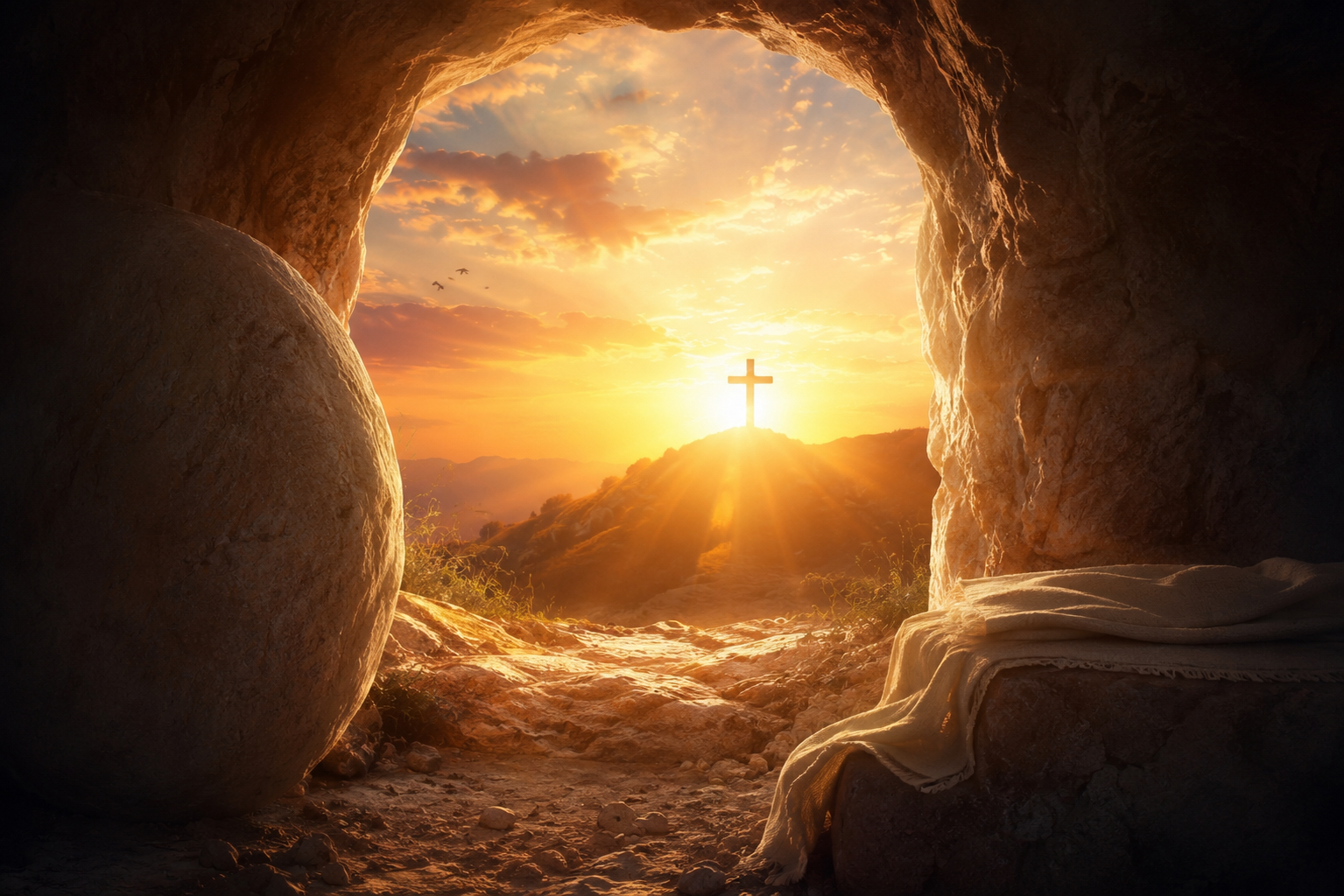 Sunset viewed from inside a cave, with a cross on a hill and sunlight shining through clouds, creating a warm glow.