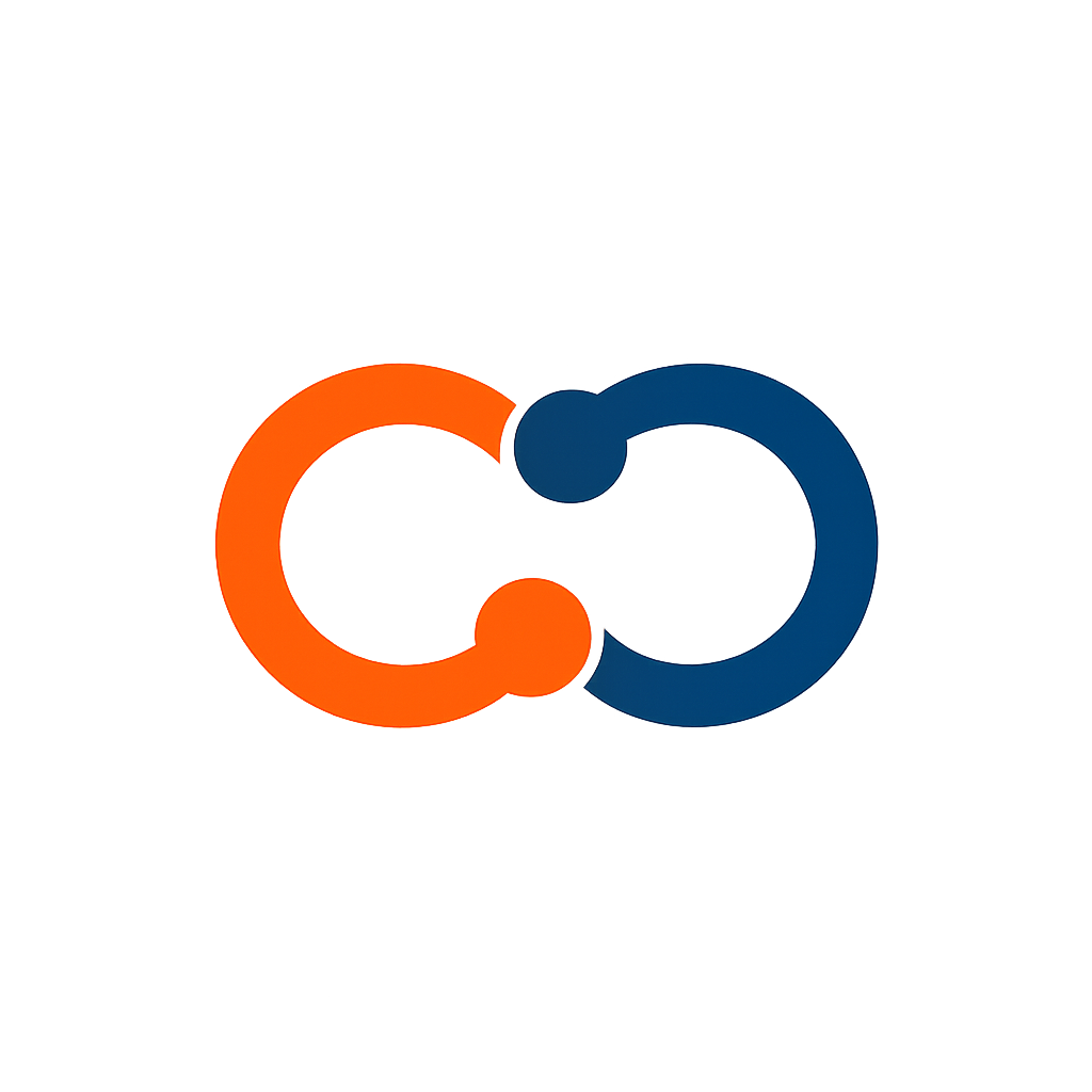 A graphic of two interlinked chat bubbles, one in orange and the other in dark blue, symbolizing communication or connection.