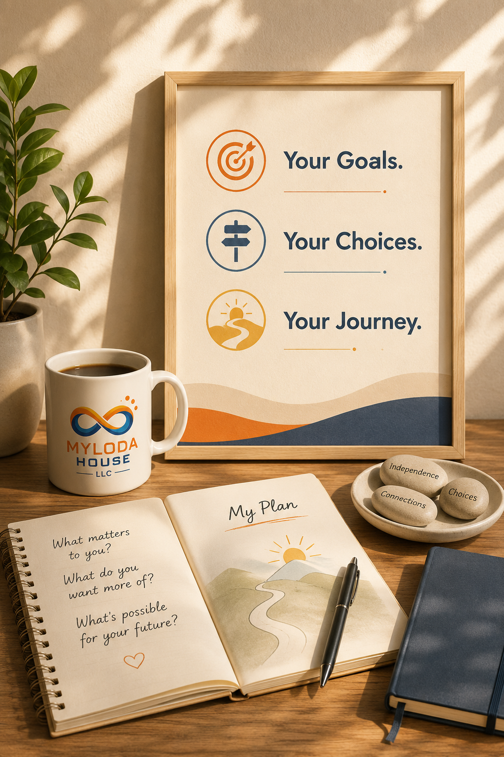 Workspace with planning tools illustrating goal setting, choice, and person-centered planning for independent living.