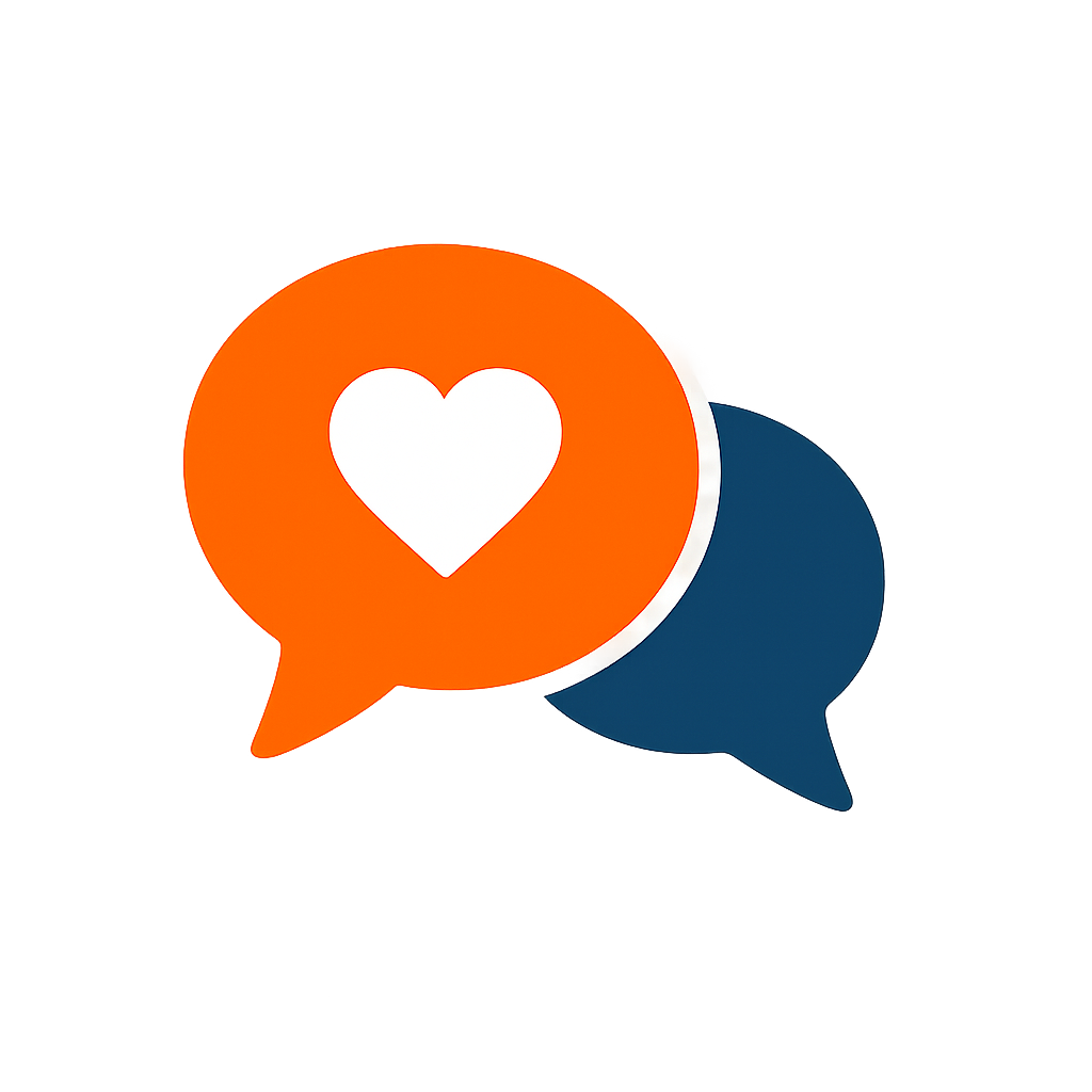 Two speech bubbles, one orange with a white heart, and one dark blue, overlapping against a plain background.