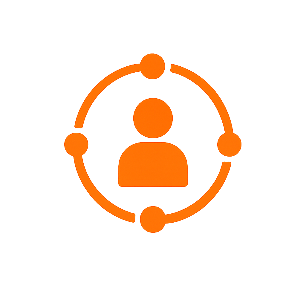 An orange icon of a person surrounded by a circular arrow connecting four dots.