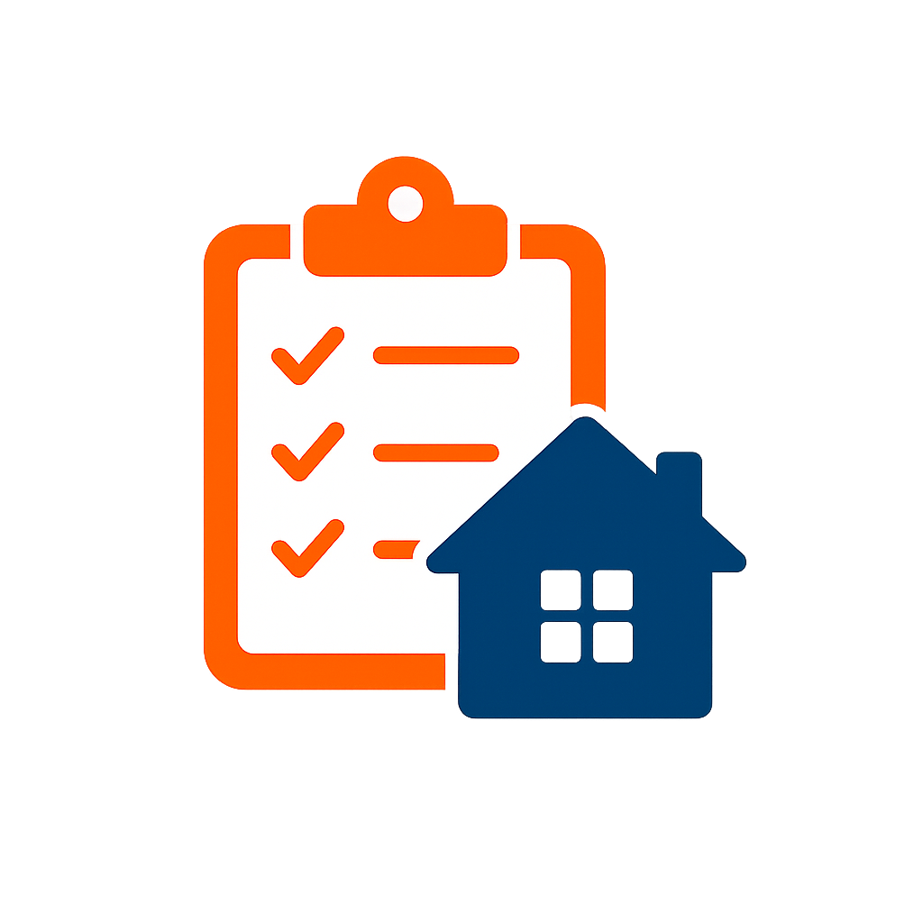 A blue house icon overlapping a white checklist or clipboard with orange accents and checkmarks