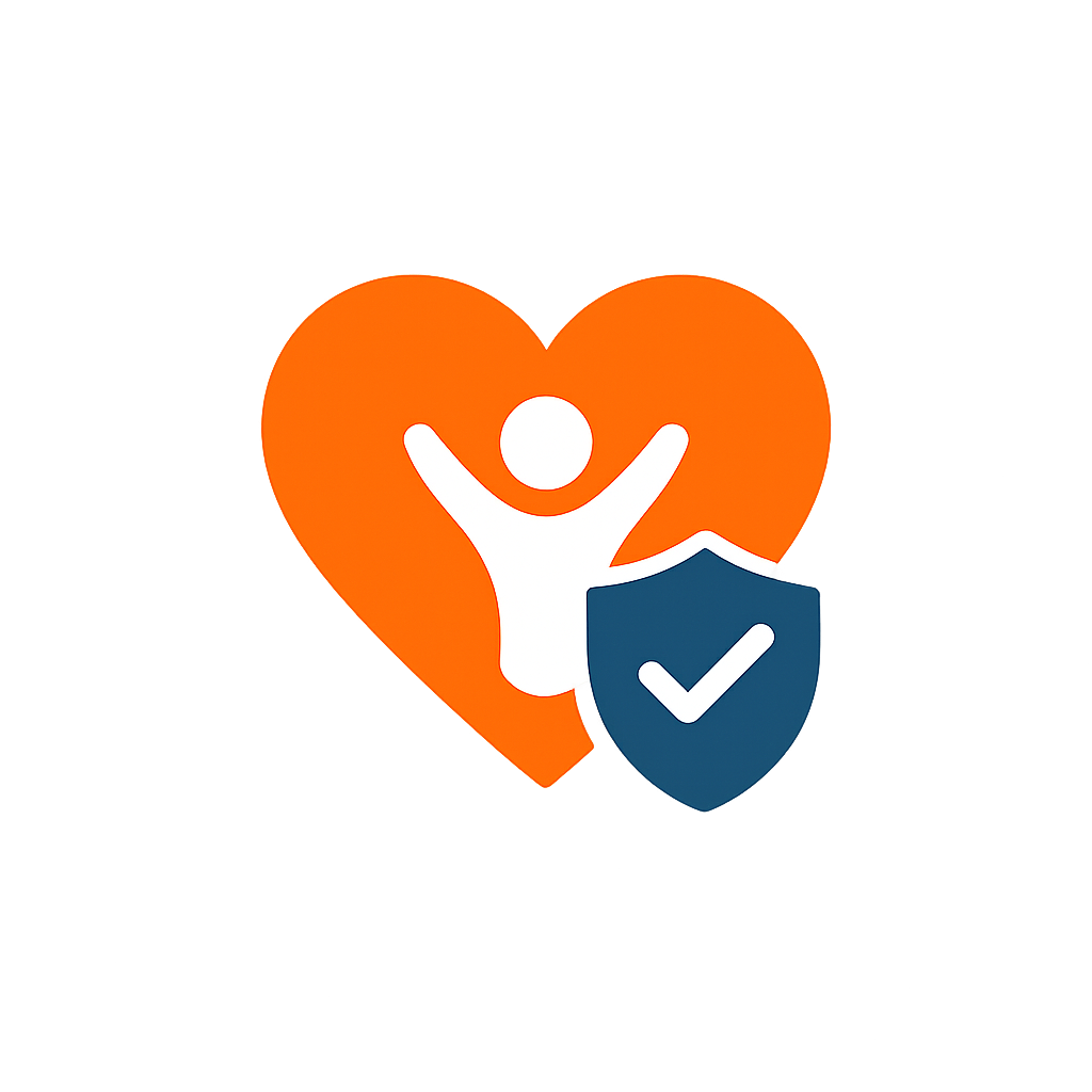 A graphic featuring a white person with arms raised inside an orange heart, with a shield icon with a checkmark partially covering the bottom right of the heart, symbolizing health, protection, and wellness.