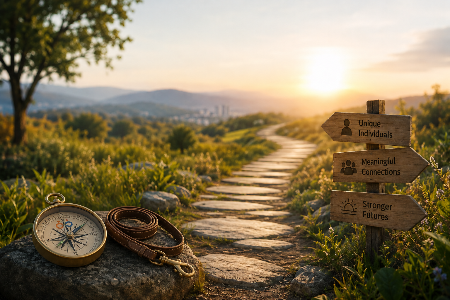 A trail of flat stones winding through a grassy hillside at sunset with a compass and leather strap on a rock in the foreground. Wooden signposts alongside the trail display phrases: 'Unique Individuals,' 'Meaningful Connections,' and 'Stronger Futures.'