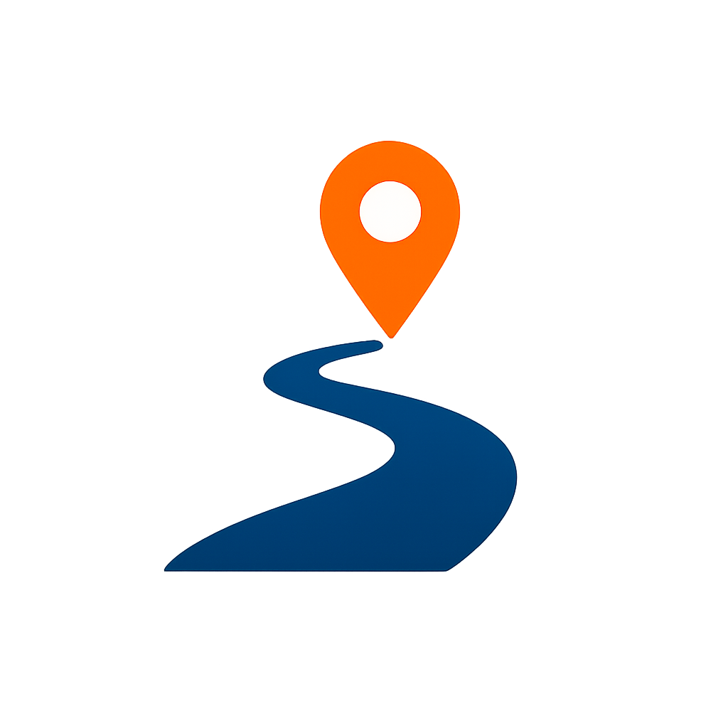 Abstract illustration of a winding pathway leading to a glowing location pin and circle marker.