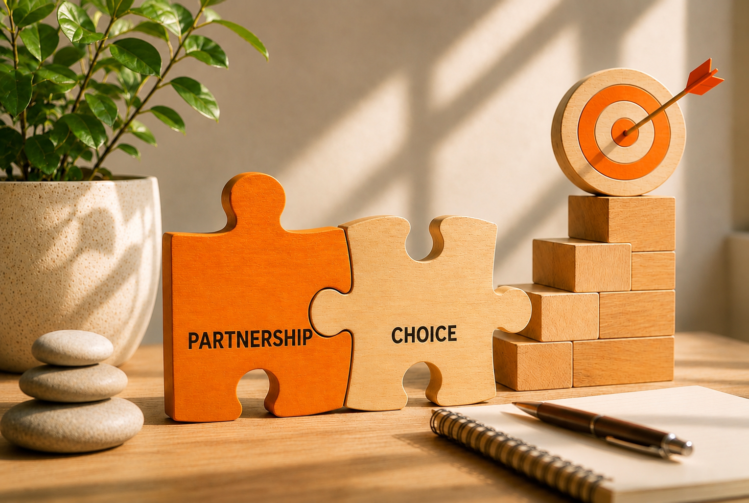 Wooden puzzle pieces labeled “Partnership” and “Choice,” with a target block, notebook, pen, and plant representing person-centered planning and independent living.