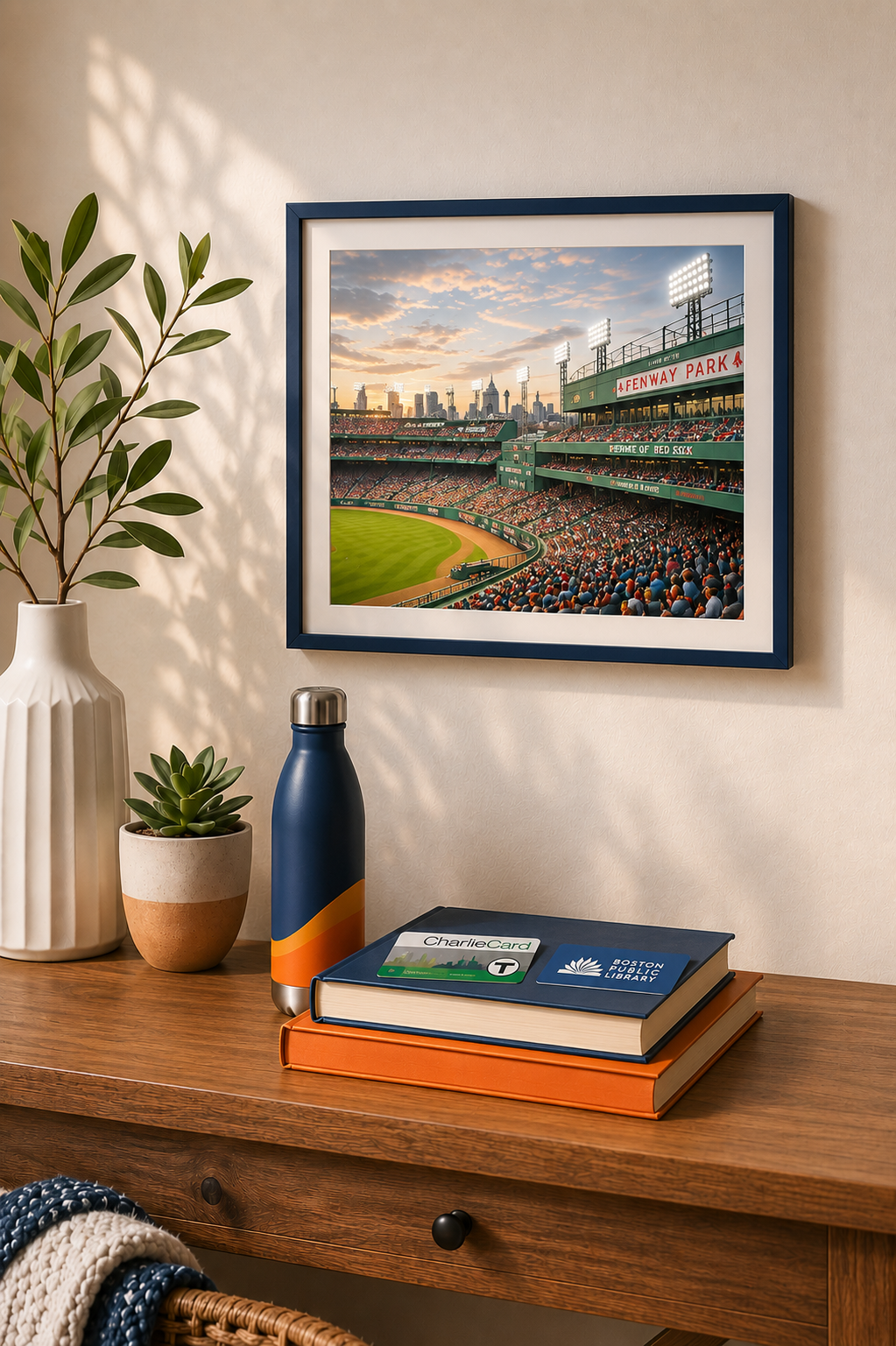 Framed photograph of Fenway Park representing community participation and engagement in local activities.