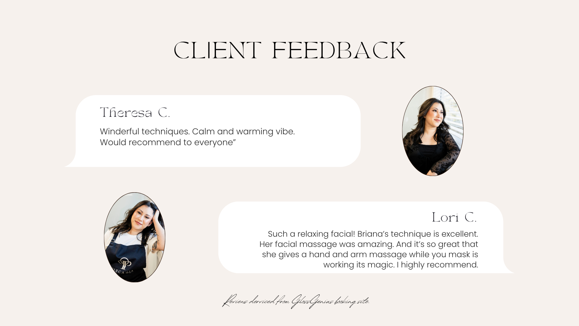 Client feedback webpage featuring testimonials from Theresa C. and Lori C. with their photos.