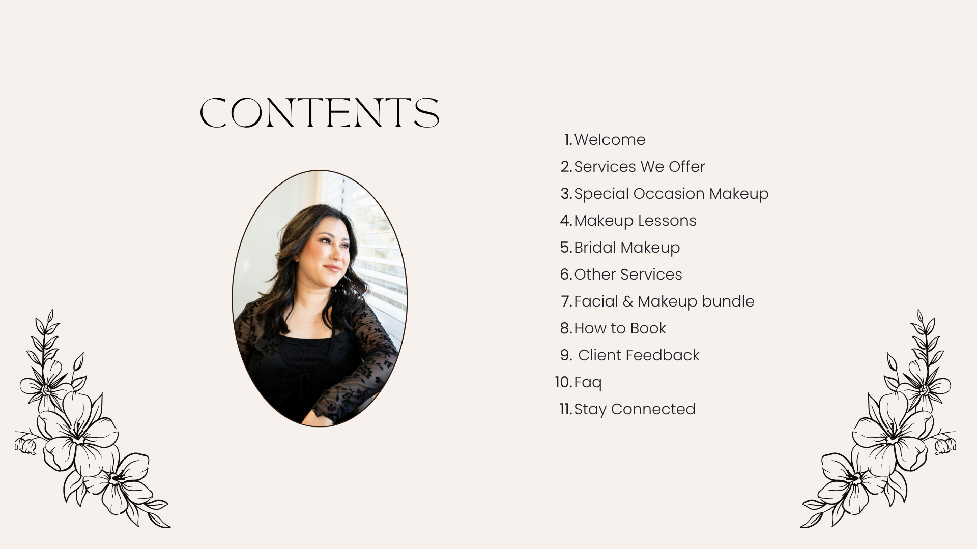 A webpage titled 'Contents' with a photo of a woman with dark hair and makeup, sitting by a window. The page has a floral border on the bottom left and right corners. The contents list includes sections on services, makeup lessons, bridal makeup, booking, feedback, FAQs, and staying connected.
