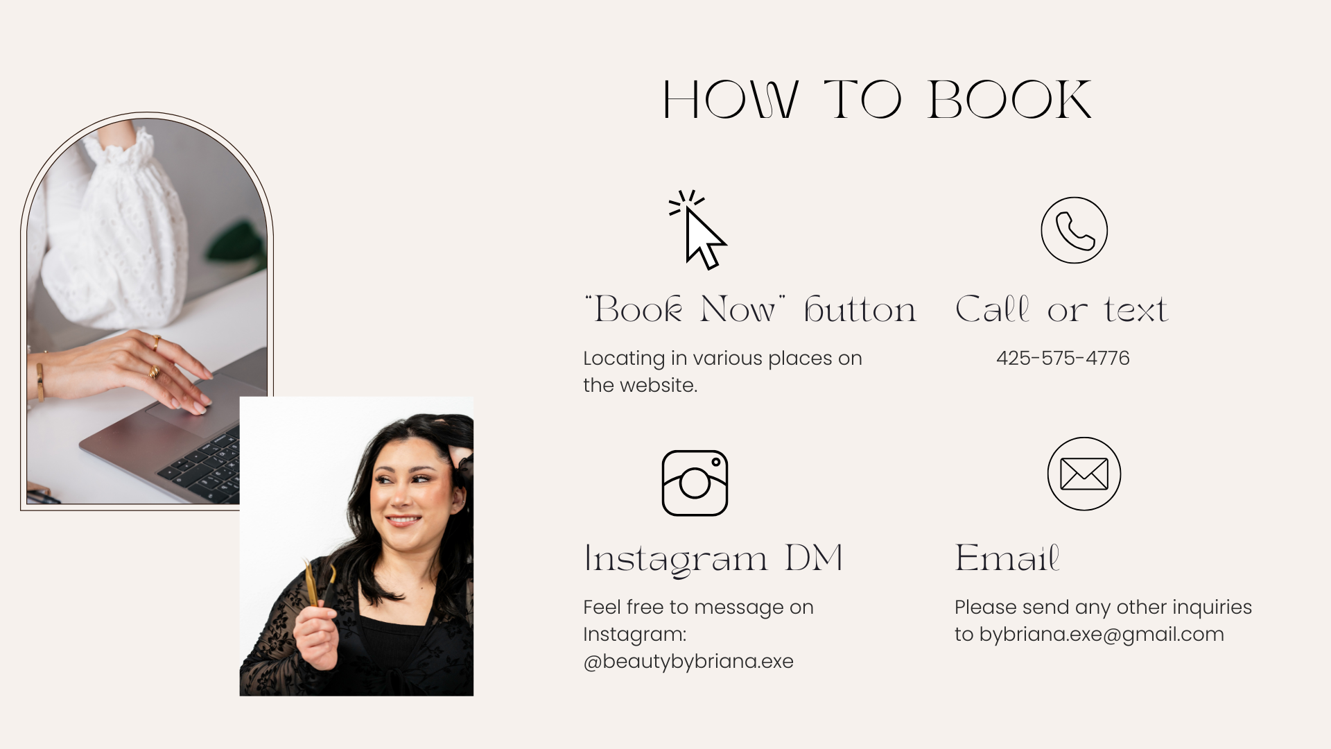 A website with a soft beige background showing contact options for booking and messaging, featuring images of a woman's hands typing on a laptop and a woman smiling, along with icons for phone, Instagram, email, and a message icon.