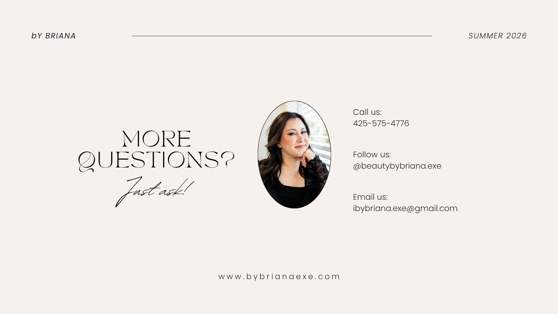 Business card with a woman’s photo, asking if there are more questions, providing contact info including phone, email, and social media, and a website link.