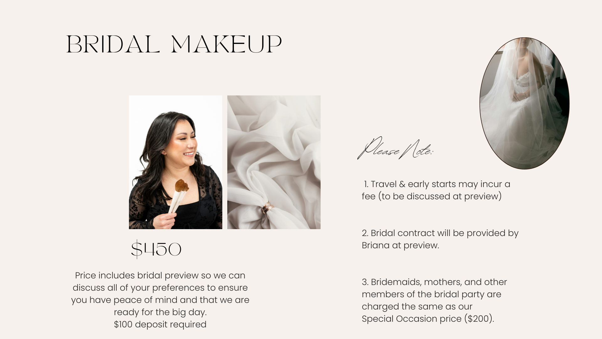 A bridal makeup service advertisement with images of a woman applying makeup, white fabric, and a bride wearing a wedding dress behind a veil, along with text detailing the service and pricing.