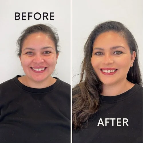 Side-by-side comparison of a woman before and after makeup and hair styling, with 'BEFORE' and 'AFTER' labels.