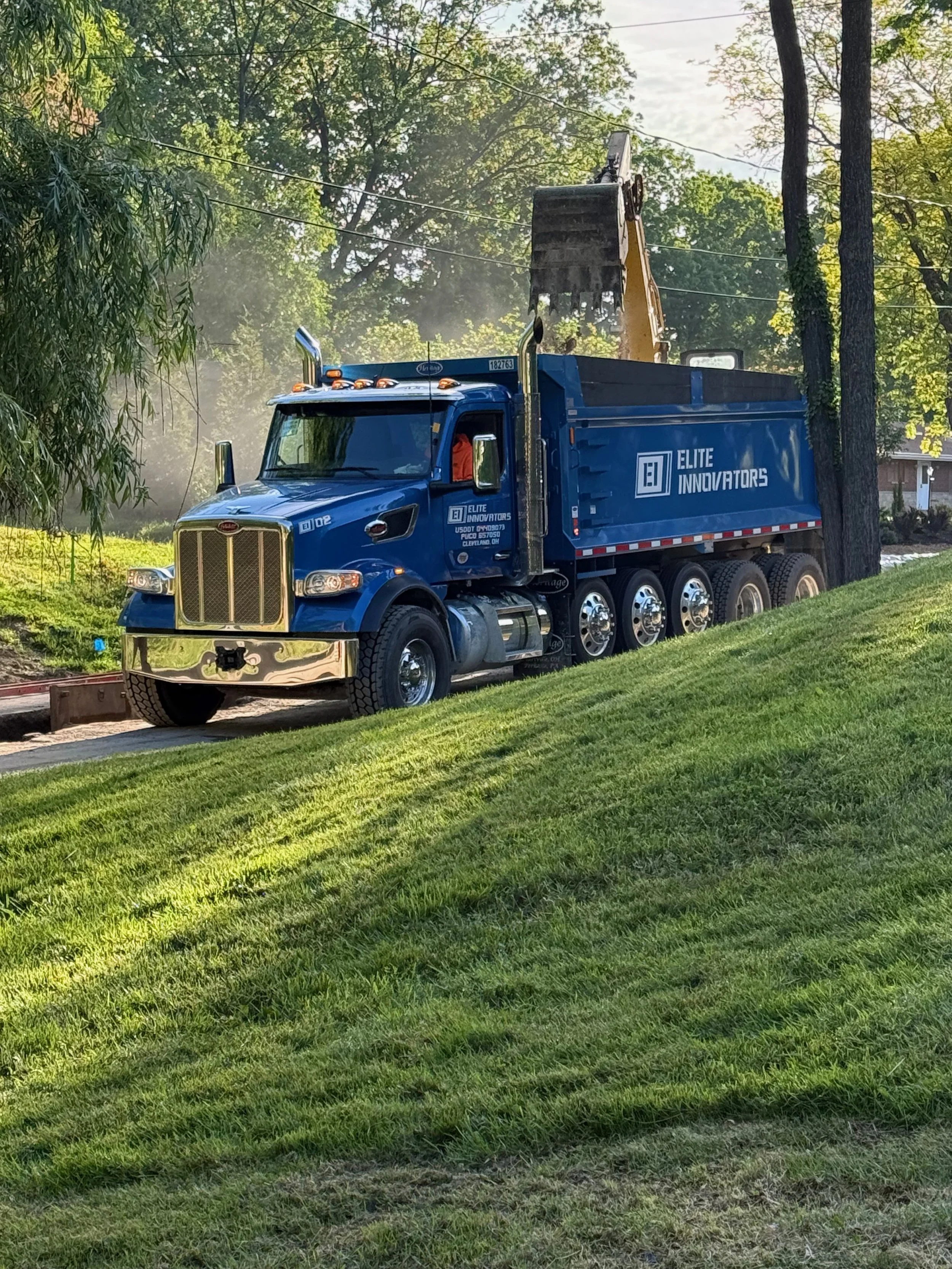 A blue dump truck on a grassy area with trees in the background and wood logs in the truck bed.