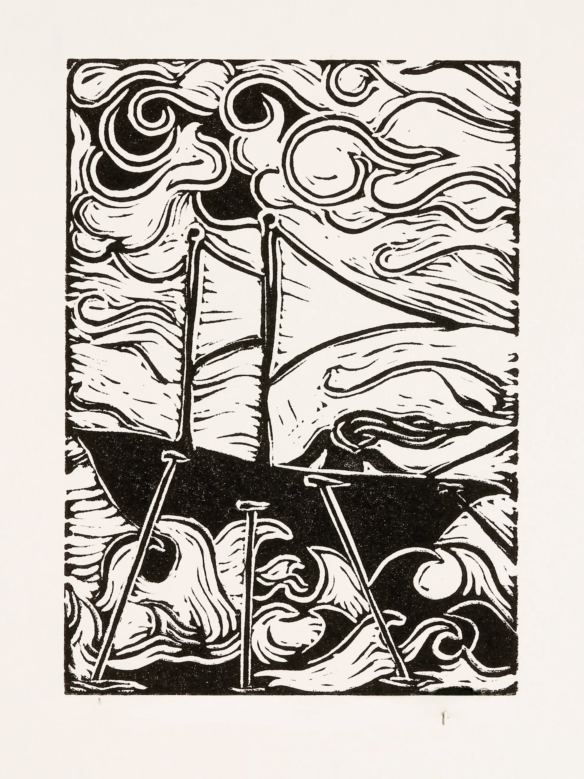 Black and white abstract drawing with swirling lines and shapes.