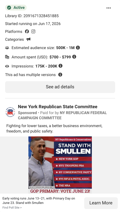 Screenshot of a Republican Party political ad from Meta's Ad Library. Active since June 17, 2026, , with an audience 500K-1M users and approximately $700 to $799 spent, but no information about why specific users were targeted.