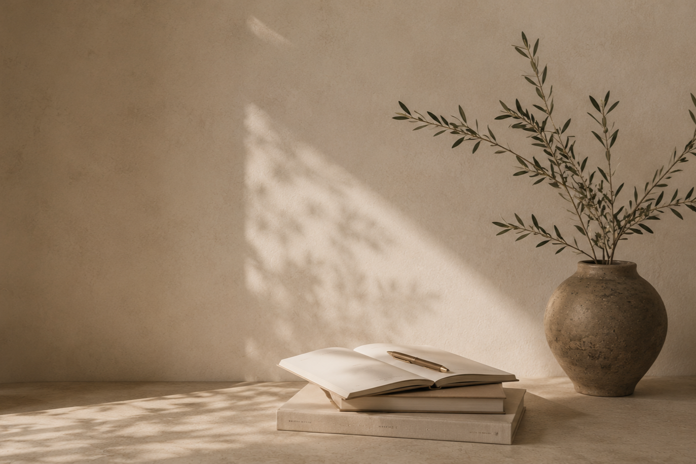 A rustic ceramic vase with green leafy branches on a light-colored surface, with an open notebook and pen beside it, sunlight creates shadows on the wall.