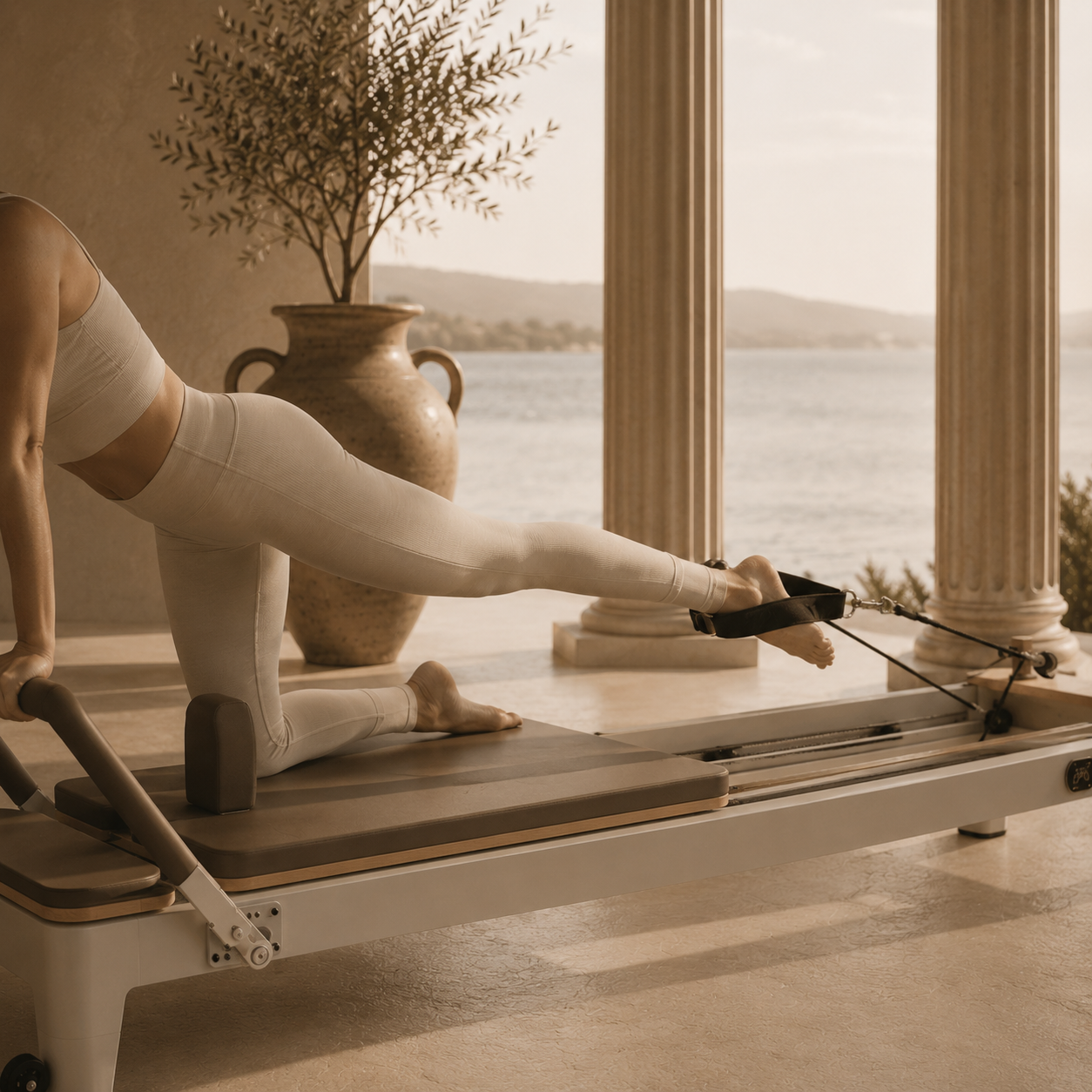A woman doing Pilates on a reformer machine in a room with large windows, overlooking a lake and mountains, with columns and a large vase with plants in the background.