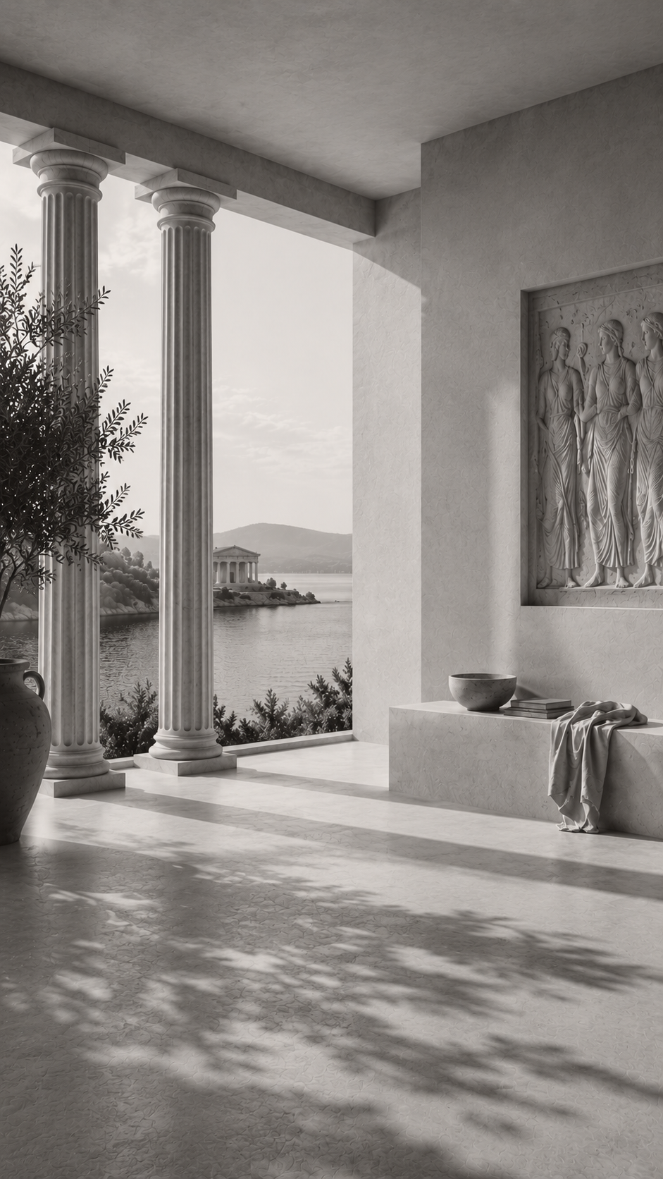 View of ancient Greek-style architecture with tall fluted columns, a carved relief on the wall, a large potted plant, and a scenic lakeside landscape with a temple in the distance.