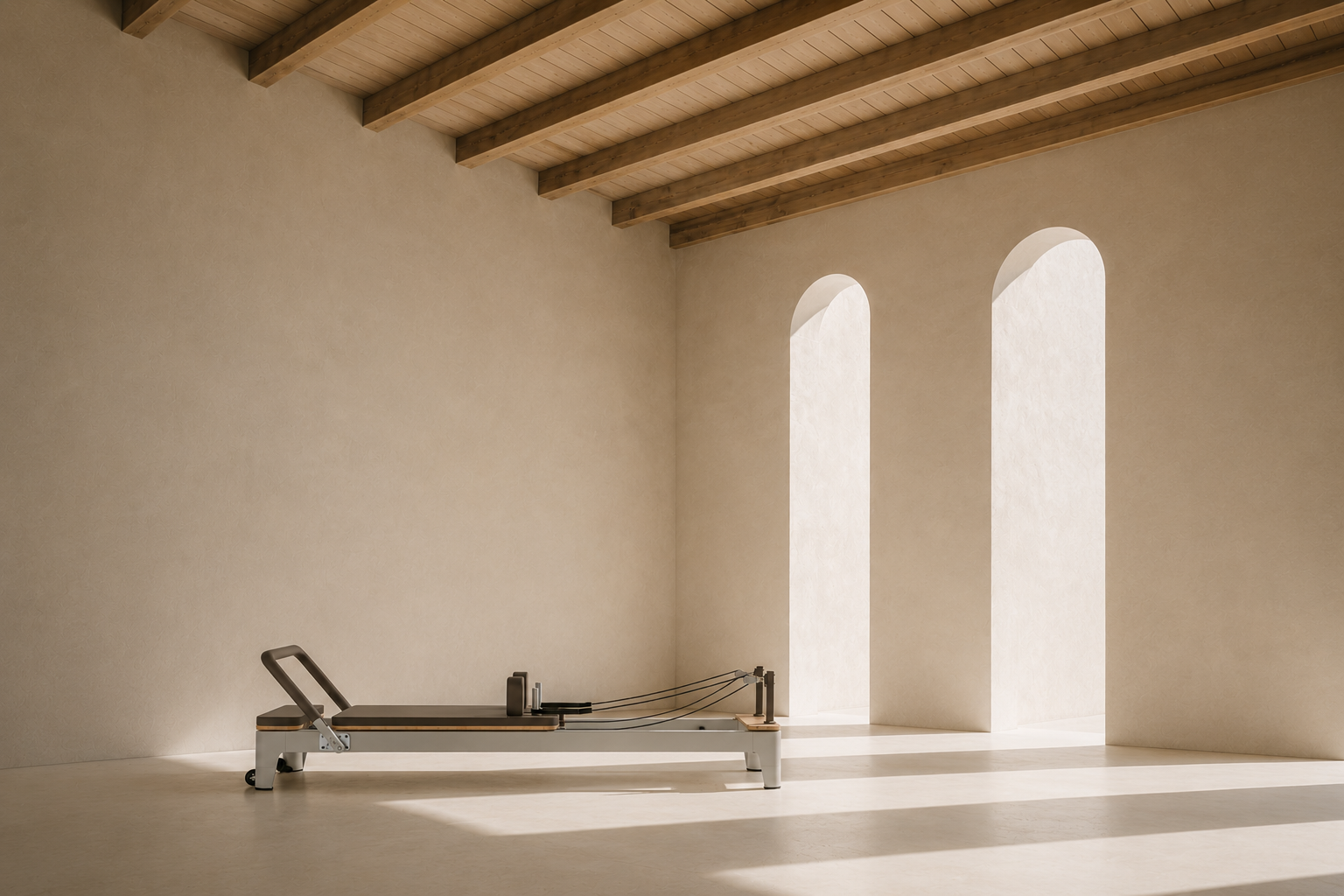 A Pilates reformer machine in a minimalistic room with arched windows and wooden ceiling beams.