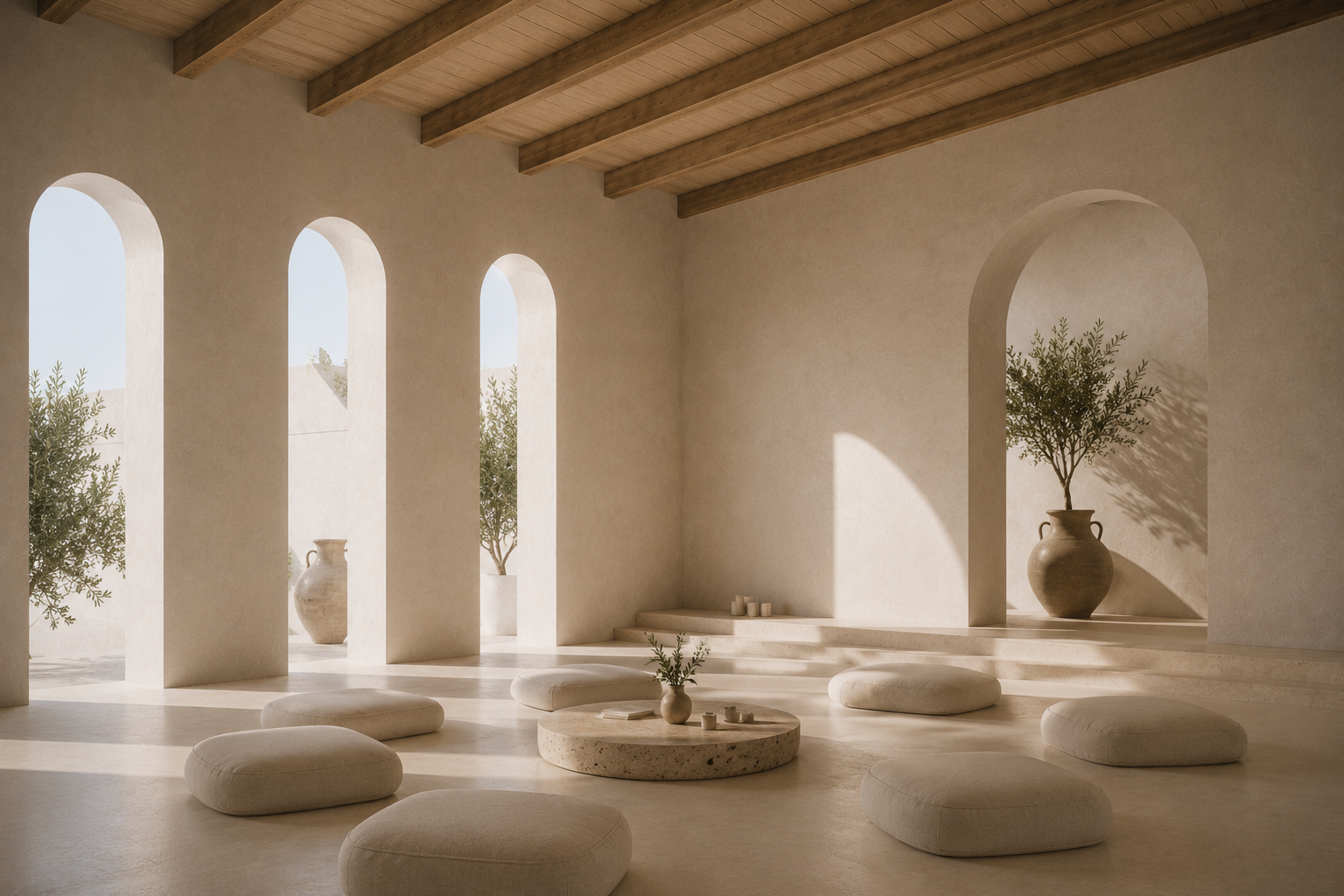 Minimalist indoor space with arched windows, light-colored walls and floor, wooden ceiling beams, round cushions on the floor, a low circular table with a vase and books, and large vases with trees in the background.