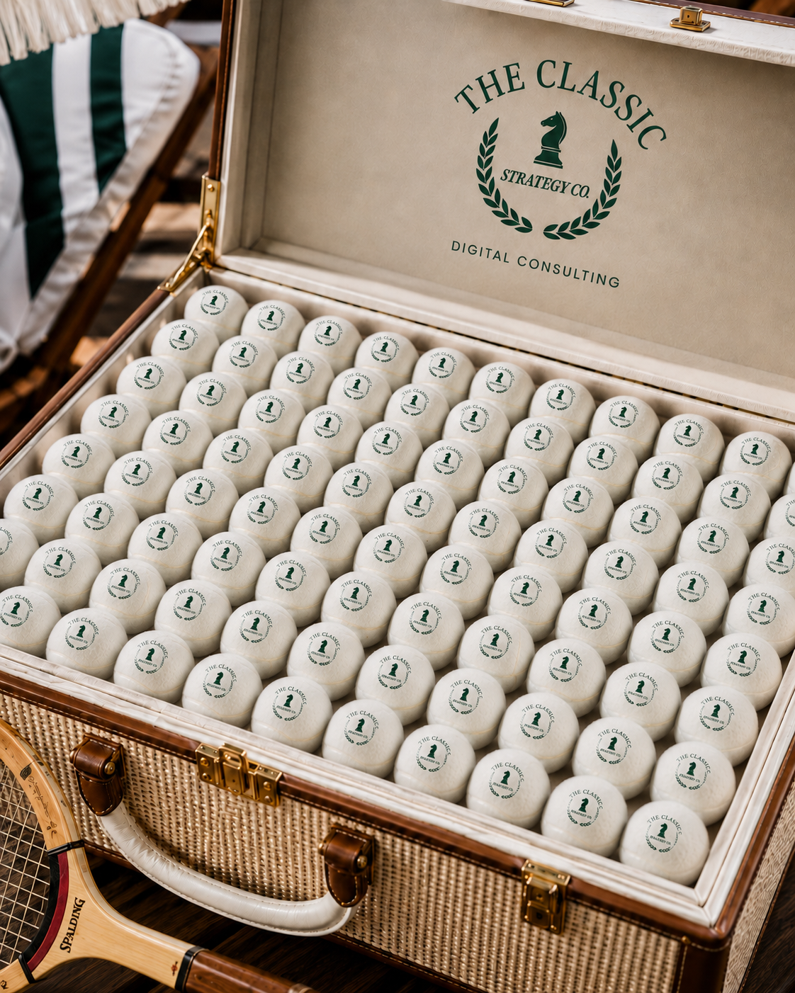 An open vintage-style case filled with white golf balls, each marked with a green logo and the text 'The Classic Strategy Co.' inside the lid.