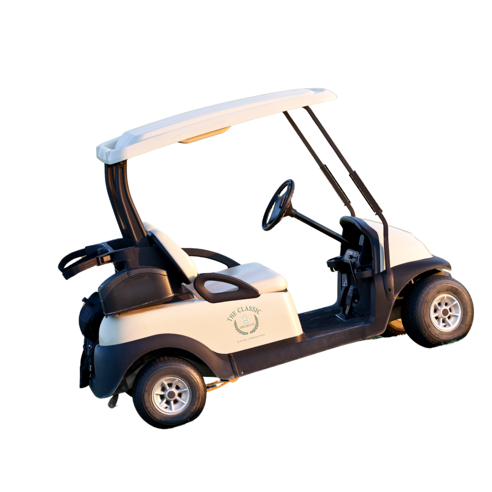 A white golf cart with black accents, a roof, and four wheels, situated on a plain background.