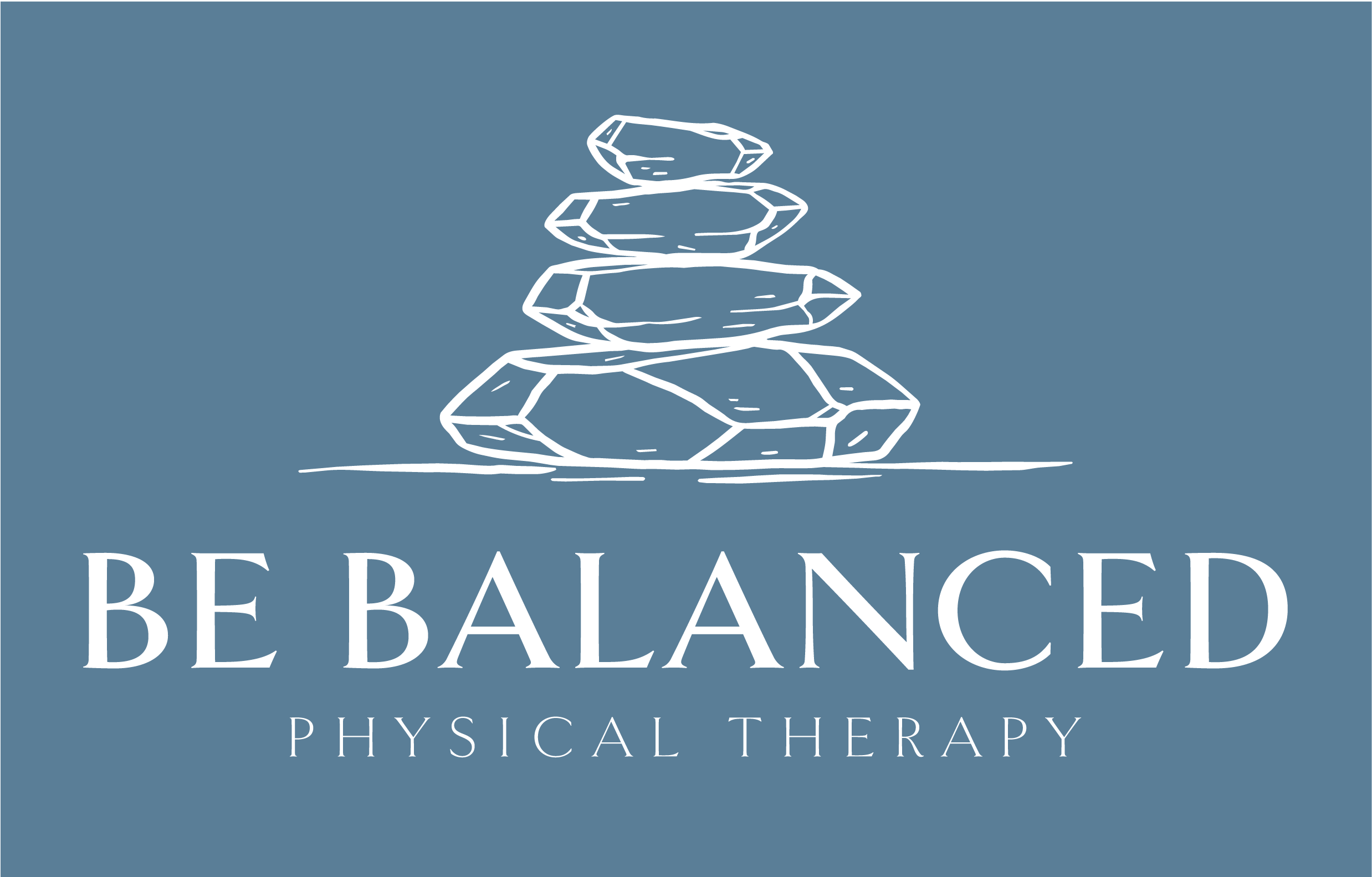 Logo for Be Balanced Physical Therapy featuring a minimalist illustration of a balanced stack of stones on a blue background.