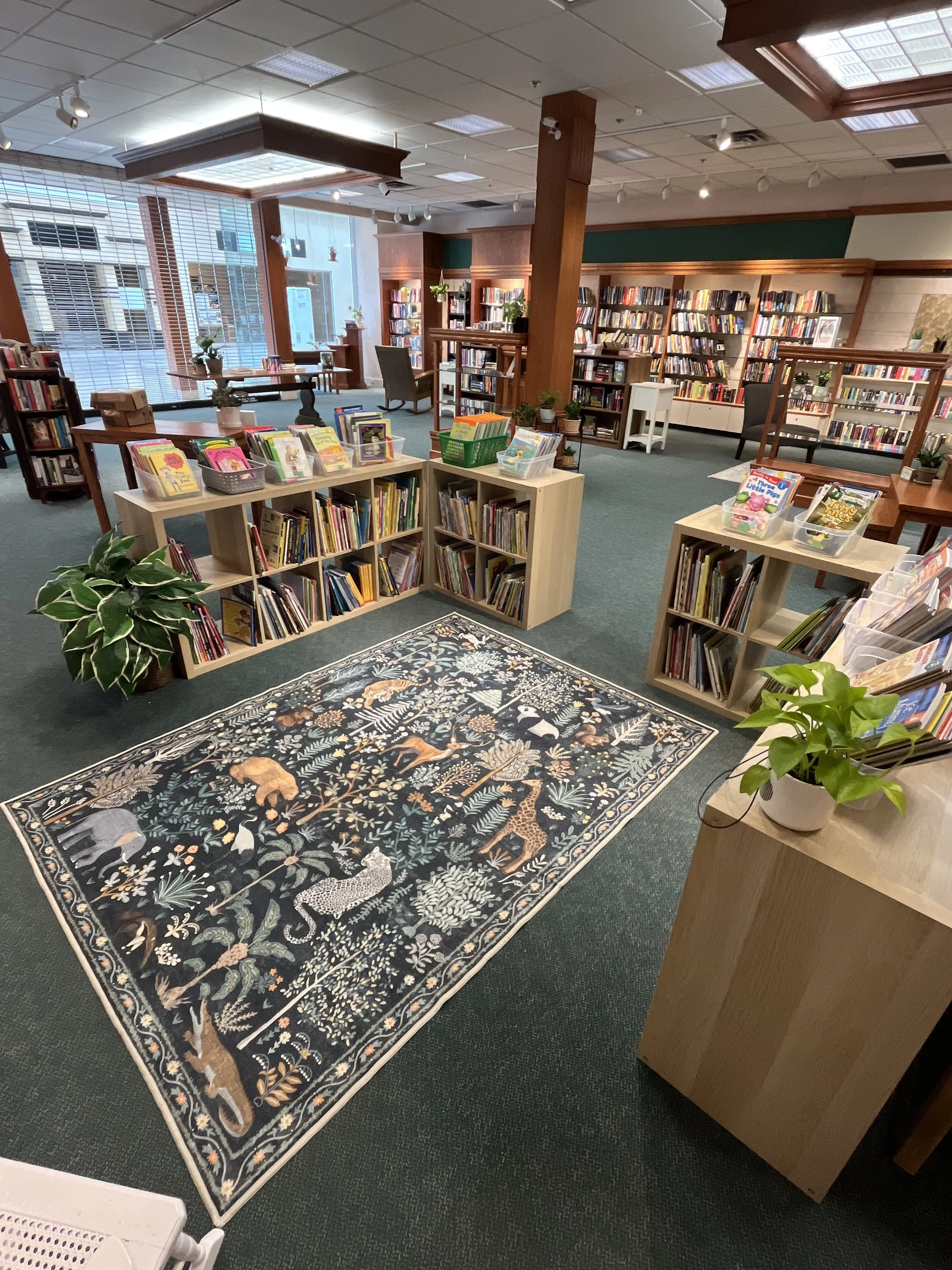 A cozy bookstore or library interior with bookshelves filled with books, a decorative rug with animals and plants, and indoor plants on tables and shelves.