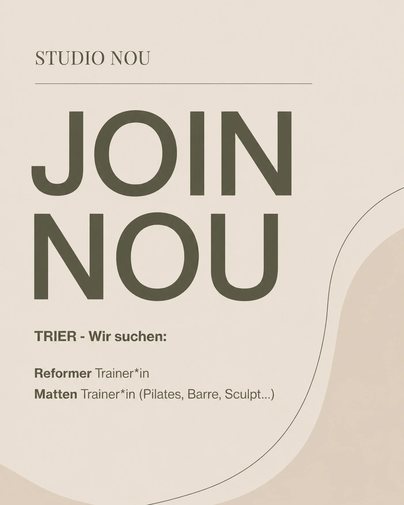 WE&rsquo;RE HIRING 🤍

STUDIO NOU w&auml;chst &mdash; und vielleicht mit dir.

Wir suchen in Trier:

👉Reformer Trainer*in
👉Matten Trainer*in &mdash; Pilates, Barre, Sculpt &amp; more.

Du liebst Movement, gute Energie und willst Teil eines Studios 